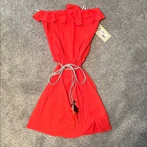 Orange strapless mini dress with ruffle and rope feather  belt